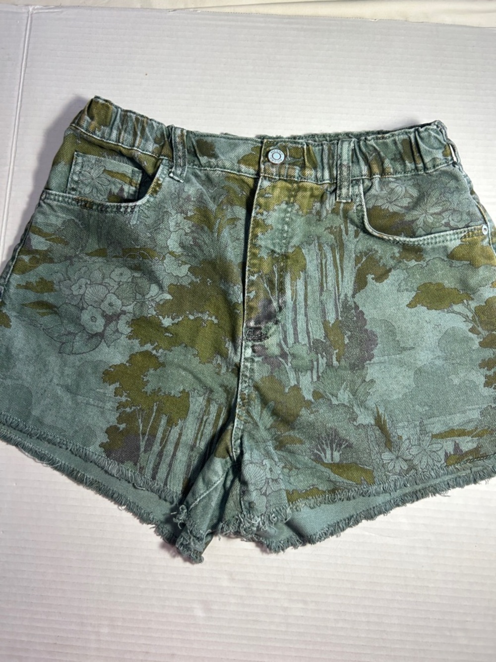 Pilcro High Rise Denim Floral Raw Hem 5 Pocket Shorts Sz S-EUC